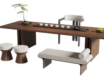 新中式长方形实木茶桌椅组合