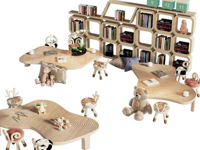 现代实木异形儿童桌椅组合 书柜