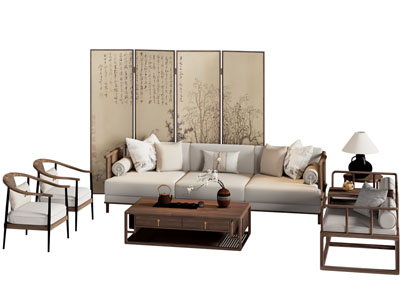 新中式多人沙发 休闲椅子和茶几组合