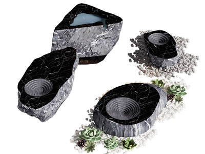 侘寂风黑山石钵 流水石钵景观园艺小品