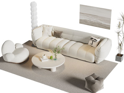 现代奶油风多人沙发 懒人沙发和茶几组合