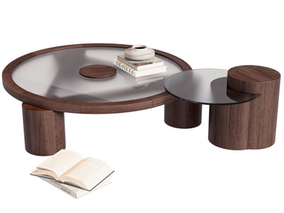 现代实木支架圆形拼接茶几3d模型 现代实木支架圆形拼接茶几