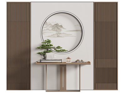 新中式端景台 盆景盆栽摆件组合3d模型 新中式端景台 盆景盆栽摆件组合