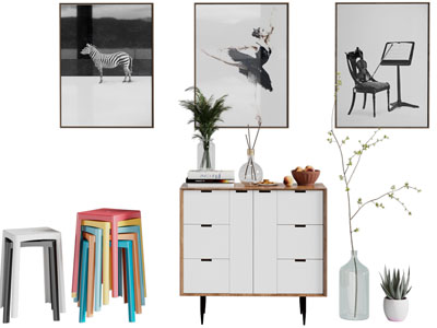 现代玄关柜 凳子 装饰挂画