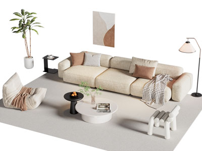 现代奶油风多人沙发 懒人沙发和茶几组合