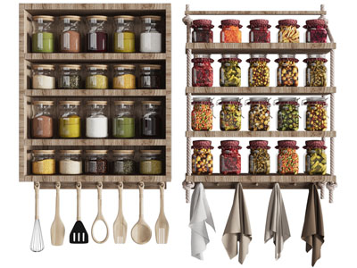 现代置物架上的调料瓶 厨具