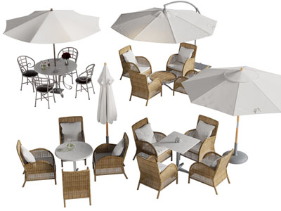 现代户外遮阳伞 藤编休闲桌椅组合