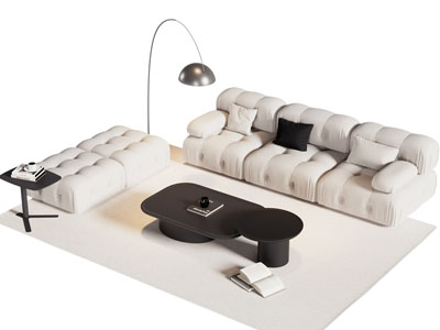 现代奶油风多人沙发 沙发凳和茶几组合