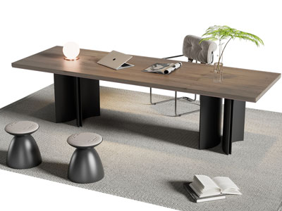 现代实木长方形书桌椅组合3d模型 现代实木长方形书桌椅组合