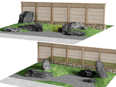 新中式竹编隔断 石头 花草景观园艺小品