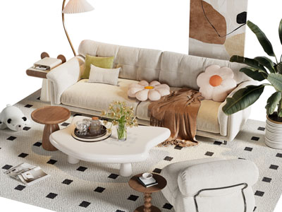 现代奶油风双人 单人沙发 茶几组合