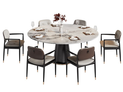 新中式圆形大理石餐桌椅组合