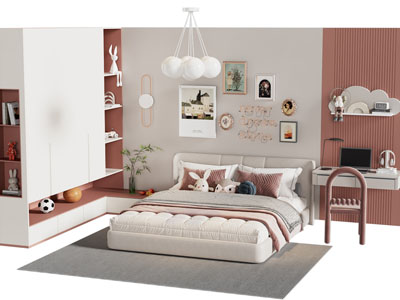 现代儿童双人床 衣柜