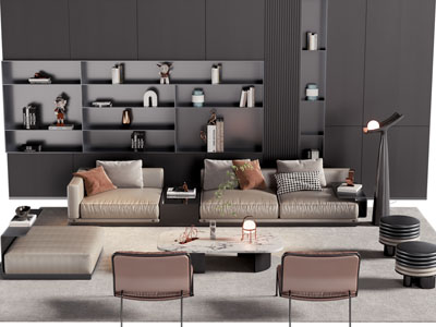 现代多人沙发 沙发凳和茶几组合