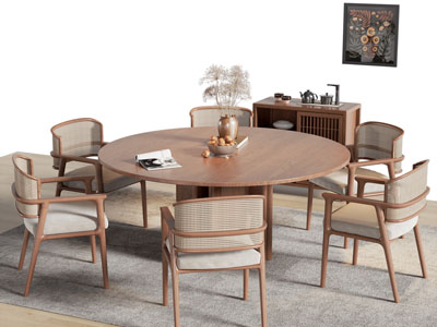 新中式圆形实木餐桌椅组合 餐边柜