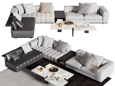 现代转角撞色黑白多人沙发 茶几组合