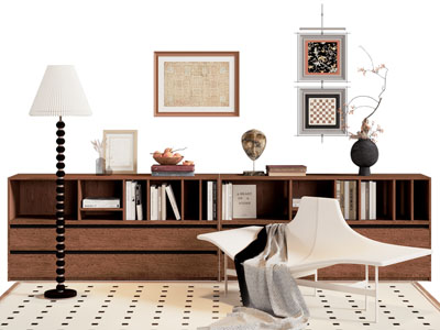 中古风边柜 书柜 休闲椅子 落地灯