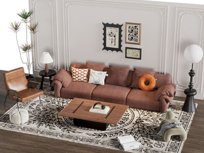 法式布艺多人沙发 休闲椅子和茶几组合