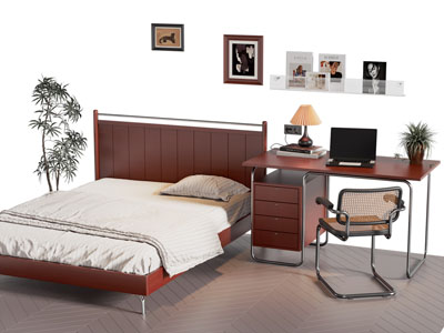 中古风双人床 书桌椅组合