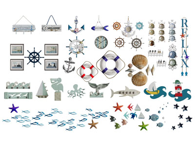 地中海游泳圈 船舵 海洋生物剪影 墙饰挂件