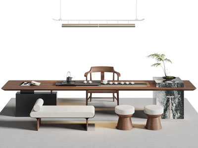 新中式长方形实木茶桌椅组合