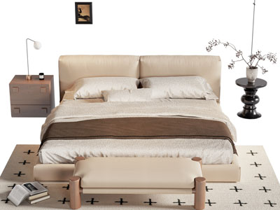 侘寂风布艺双人床 床尾凳