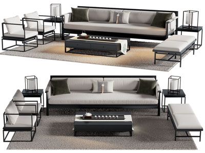 新中式多人 单人沙发 沙发凳和茶几组合