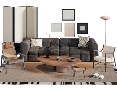 中古风布艺多人沙发 休闲椅子和茶几组合