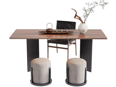 新中式长方形茶桌椅组合