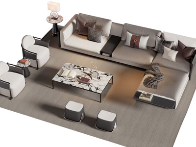 新中式转角多人 单人沙发和茶几组合