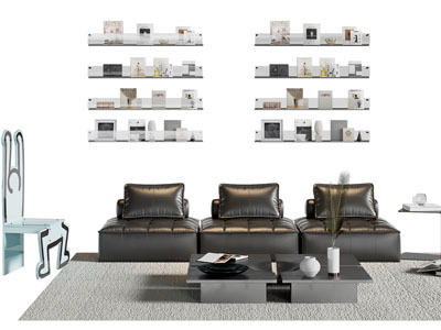 现代皮质多人沙发 墙面书刊杂志架