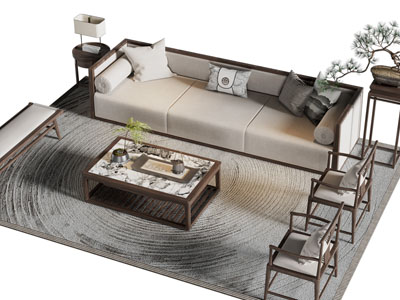 新中式多人沙发 休闲椅子和茶几组合