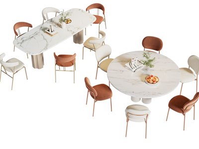 现代轻奢大理石圆形 长方形餐桌椅组合