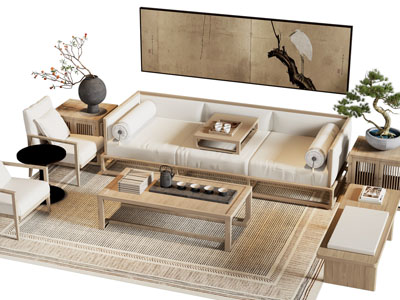 新中式实木多人沙发 休闲椅子和茶几组合