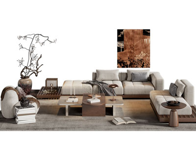 侘寂风布艺多人沙发 茶几组合