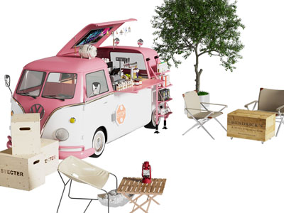 现代移动售卖车 休闲餐桌椅组合