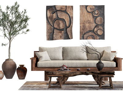 侘寂风多人沙发 立体装饰挂画和茶几组合