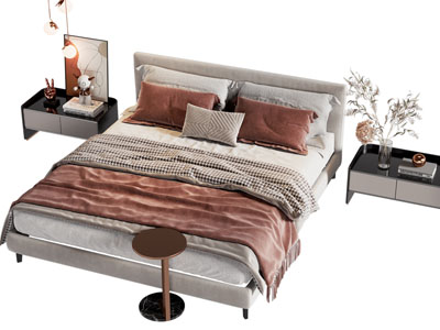 现代布艺双人床 床头柜