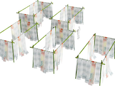 新中式美陈 纱幔竹竿摆件组合