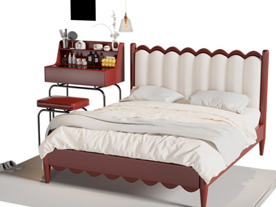 现代中古双人床 床头柜