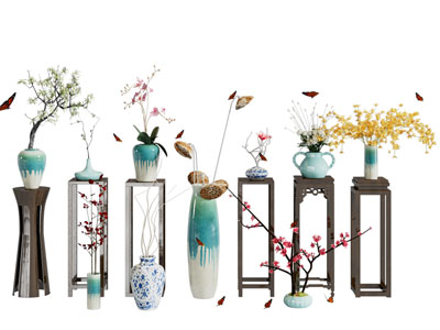 新中式花架 花瓶花卉摆件组合