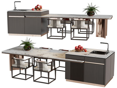 新中式带水吧台的餐桌椅组合