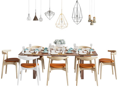 北欧实木长方形餐桌椅组合 餐具组合 吊灯