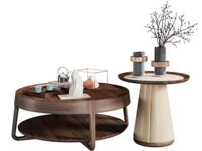 新中式实木圆形茶几边几3d模型 新中式实木圆形茶几边几