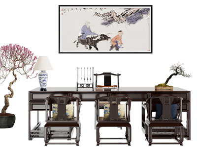 新中式书桌椅组合3d模型 新中式书桌椅组合