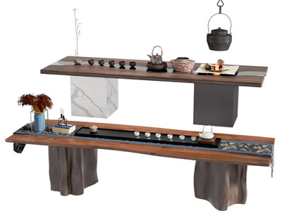 新中式长方形茶桌 茶具杯子