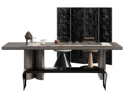 新中式长方形茶桌椅组合 屏风