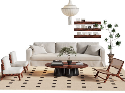 侘寂风多人 单人沙发和茶几组合