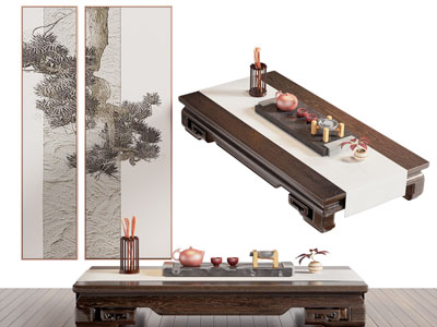 新中式长方形茶几 茶具杯子3d模型 新中式长方形茶几 茶具杯子