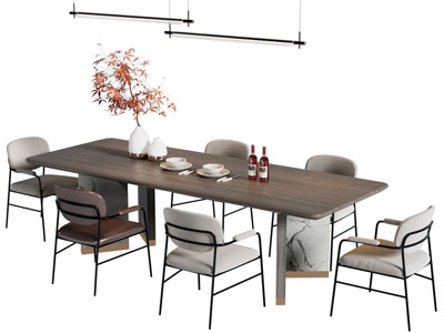 新中式实木长方形餐桌椅组合